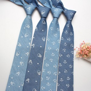 Factory-new narrow-fit casual men's and women's ties. Denim cotton printed logo ties, wholesale.
