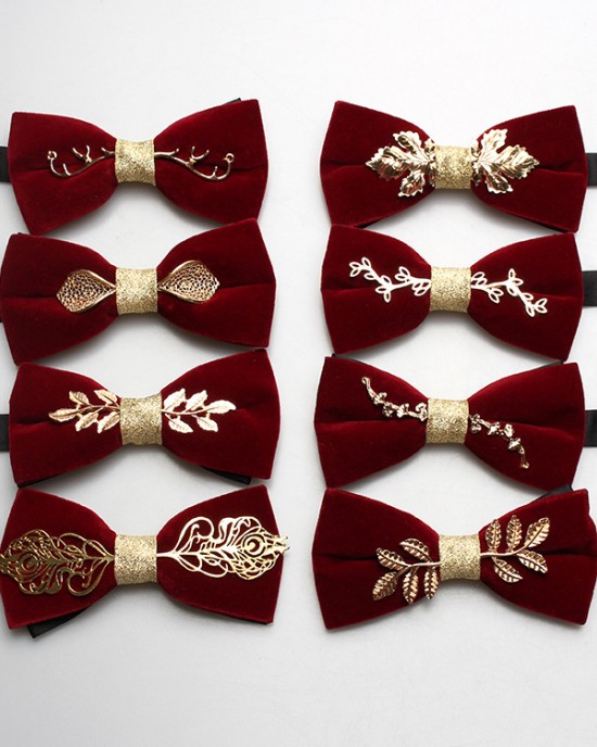 Factory in stock, trendy and personalized velvet inlaid burgundy bow ties, wedding banquet suit accessories