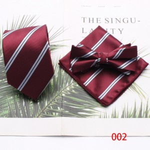 Burgundy retro men's tie, bow tie, and square handkerchief three-piece set, business and fashionable wedding groomsmen's tie set