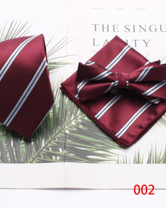 Burgundy retro men's tie, bow tie, and square handkerchief three-piece set, business and fashionable wedding groomsmen's tie set