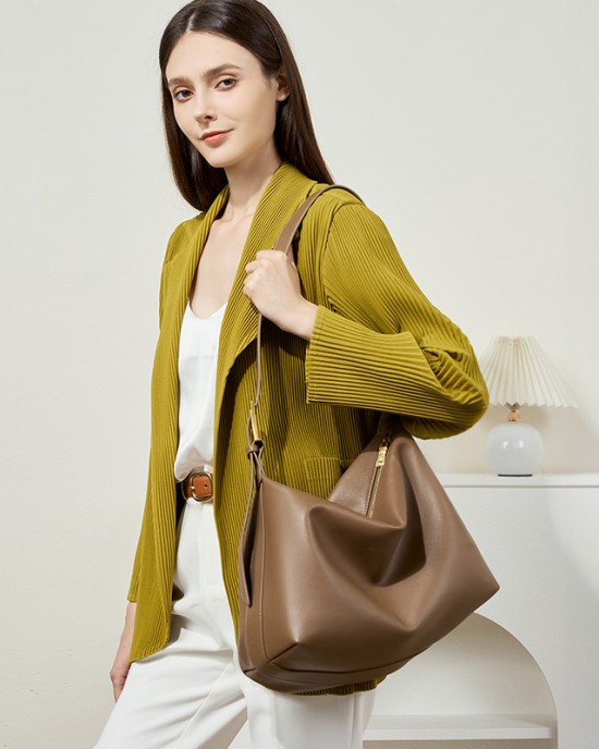 Top-grain cowhide women's single shoulder bag, simple and fashionable, classic shell bag with 2 shoulder straps, large capacity, soft leather