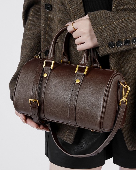 Retro Genuine Leather Maillard Handbag, Cross-border Women's Bag, Light Luxury, Stylish Boston Bag, Vegetable Tanned Cowhide Crossbody Bag