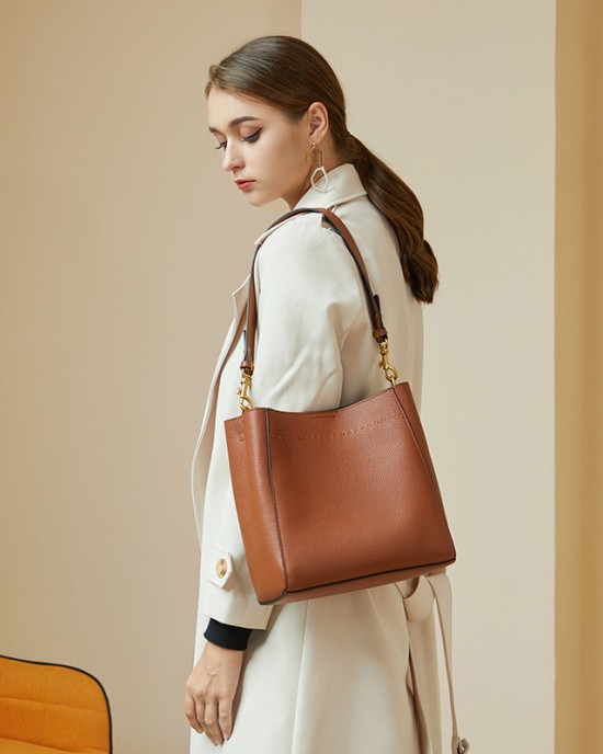 2025 spring/summer new top-grain cowhide retro genuine leather women's bag, large-capacity bucket bag, versatile shoulder/crossbody bag