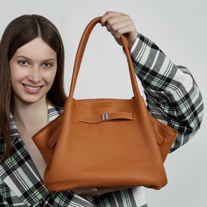 Large, stylish and simple top-grain cowhide handbag, pleated basket bag, elegant genuine leather shoulder and crossbody bag