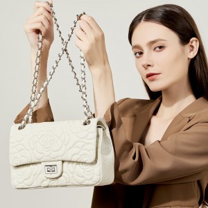 Cherry-style camellia, top-grain goatskin, genuine leather diamond-patterned shoulder bag, stylish chain bag, shoulder bag, crossbody bag