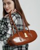 2025 new, top-grain waxed cowhide underarm bag, single-shoulder genuine leather handbag, long baguette bag for commuters.