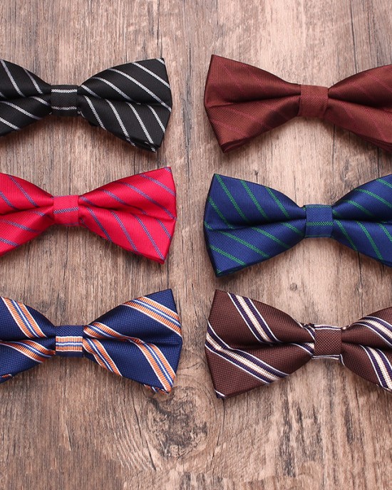 New men's bow ties, stylish boxer-style business casual polyester bow ties, manufacturer, and wholesale men's striped bow ties.