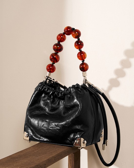 2025 new Chinese-style beaded bags, top-grain cowhide hand-scratched pattern pleated lucky bag handbags, shoulder and crossbody handbags