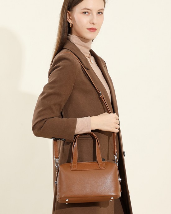Cross-border genuine leather women's handbag, retro and elegant Boston bag, vegetable tanned cowhide shoulder bag, women's crossbody bag