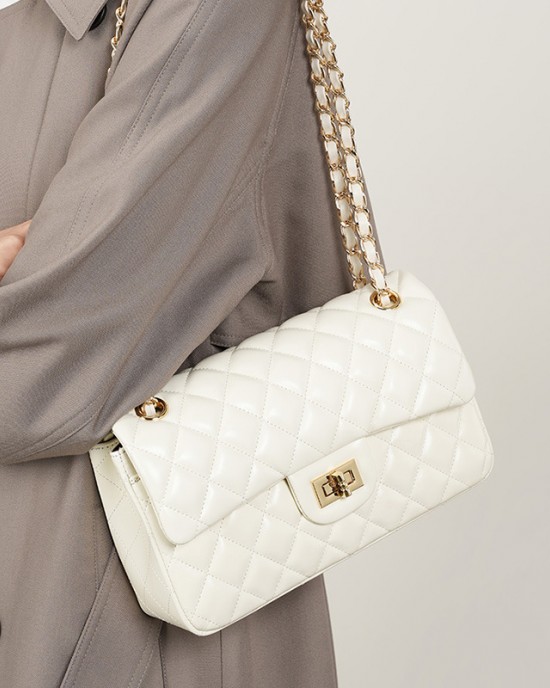 Top-grain cowhide bag, cowhide chain, Chanel-style fashionable diamond-patterned shoulder bag, small square genuine leather bag