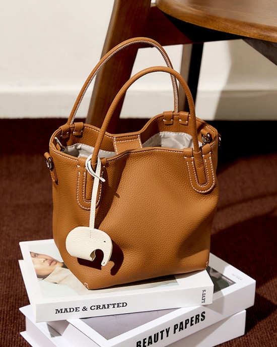 2025 summer new stylish genuine leather bucket bag, niche top-grain cowhide retro shoulder and crossbody handbag