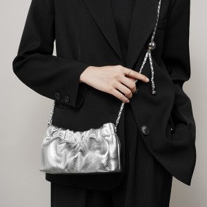 2025 popular chain underarm bag for women, luxurious cloud-shaped pleated cowhide shoulder and crossbody bag with gold ball chain