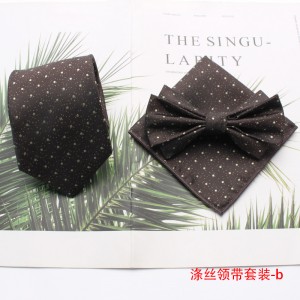 New retro-fashionable men's tie sets, polyester silk ties, bow ties, and square handkerchiefs for three-piece suits, available for wholesale.