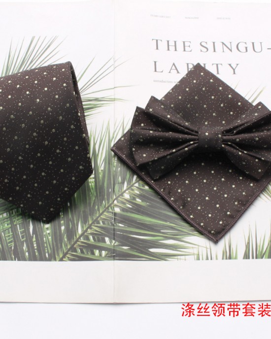 New retro-fashionable men's tie sets, polyester silk ties, bow ties, and square handkerchiefs for three-piece suits, available for wholesale.
