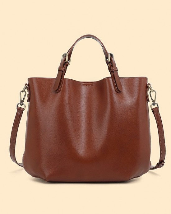 Simple, large-capacity, top-grain cowhide commuter tote bag, versatile, high-end, shoulder-shoulder, crossbody bucket bag for women.