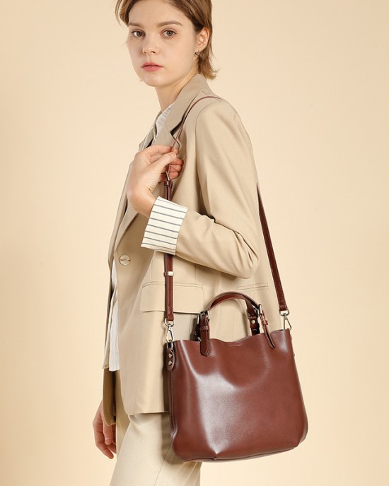 Simple, large-capacity, top-grain cowhide commuter tote bag, versatile, high-end, shoulder-shoulder, crossbody bucket bag for women.