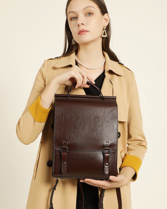 2025 new genuine leather women's backpack, British preppy-style schoolbag, retro computer backpack for college students, simple cowhide backpack