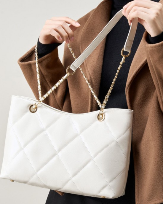 Spring/Summer Genuine Leather Diamond-Patterned Large Bag, 2025 New Fashionable Large Capacity Women's Chain, Versatile Shoulder/Crossbody Bag for Influencers