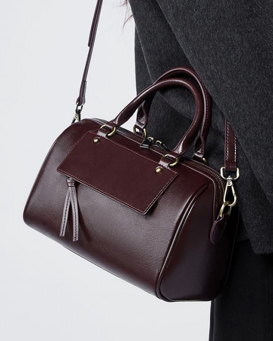 New Winter Genuine Leather Boston Pillow Bag, Fashionable and Casual Handbag, Cowhide Shoulder Bag for Women