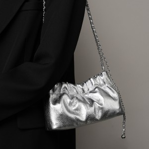 2025 popular underarm bag, high-end cloud-shaped pleated bag for women, top-grain cowhide shoulder crossbody bag with gold ball chain