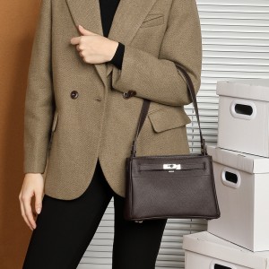 Genuine leather women's bag, top-grain cowhide lock buckle, fashionable, simple, commuter, underarm Small square crossbody bag, Kelly bag