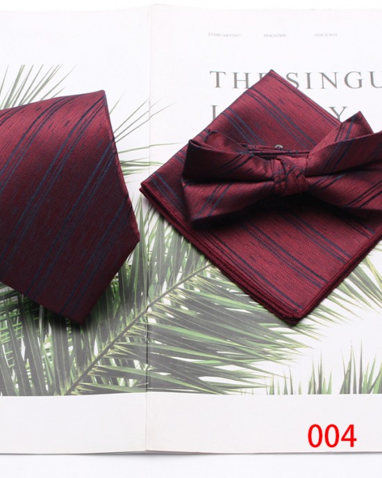 Burgundy retro men's tie, bow tie, and square handkerchief three-piece set, business and fashionable wedding groomsmen's tie set