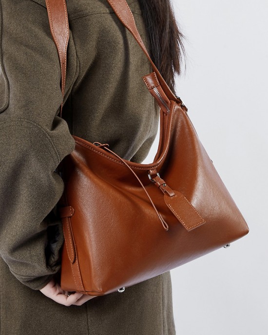 Lazy-style genuine leather women's bag, top-layer vegetable-tanned cowhide tote, large-capacity shoulder bag, simple and versatile crossbody bag