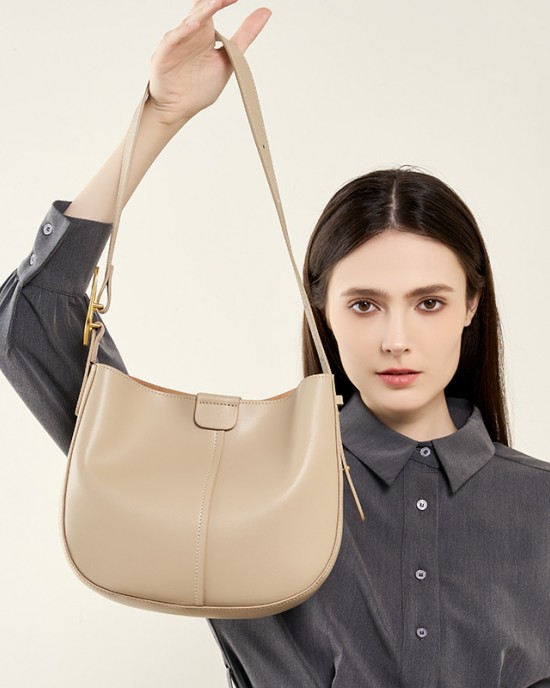 2025 new style genuine leather women's bag, simple cowhide large-capacity cylindrical shoulder bag, solid color, niche casual tote bag