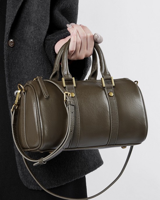 Retro Genuine Leather Maillard Handbag, Cross-border Women's Bag, Light Luxury, Stylish Boston Bag, Vegetable Tanned Cowhide Crossbody Bag