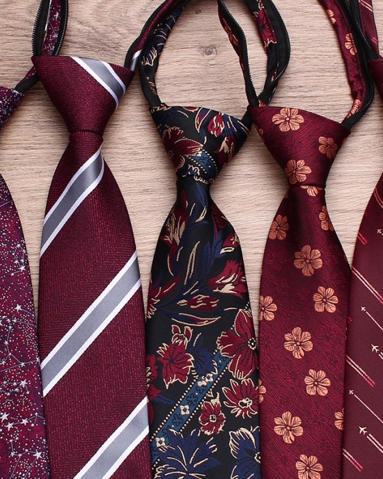 Lei'er lazy zipper tie, men's casual wedding tie, burgundy, easy-pull tie, factory in stock and wholesale.