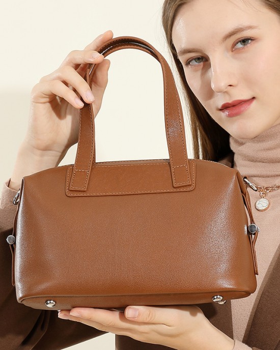 Cross-border genuine leather women's handbag, retro and elegant Boston bag, vegetable tanned cowhide shoulder bag, women's crossbody bag