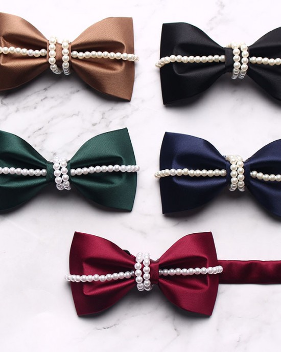 Manufacturer Solid Color Polyester Bow Ties, Casual Fashion, Creative Pearl Customized Bow Ties, New Collars, In-Stock