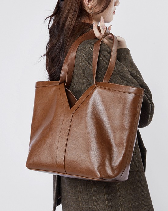2025 autumn minimalist Korean-style genuine leather tote bag, large-capacity shoulder bag, underarm handbag, cowhide.