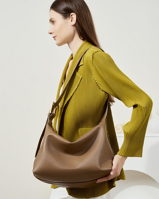 Top-grain cowhide women's single shoulder bag, simple and fashionable, classic shell bag with 2 shoulder straps, large capacity, soft leather