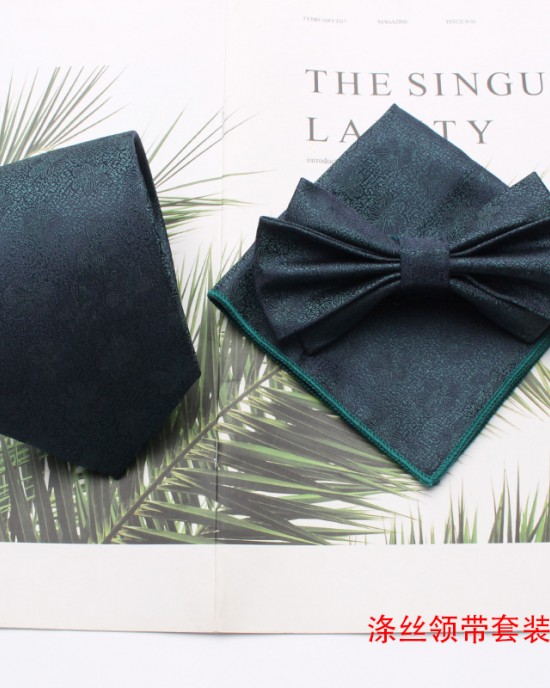 New retro-fashionable men's tie sets, polyester silk ties, bow ties, and square handkerchiefs for three-piece suits, available for wholesale.