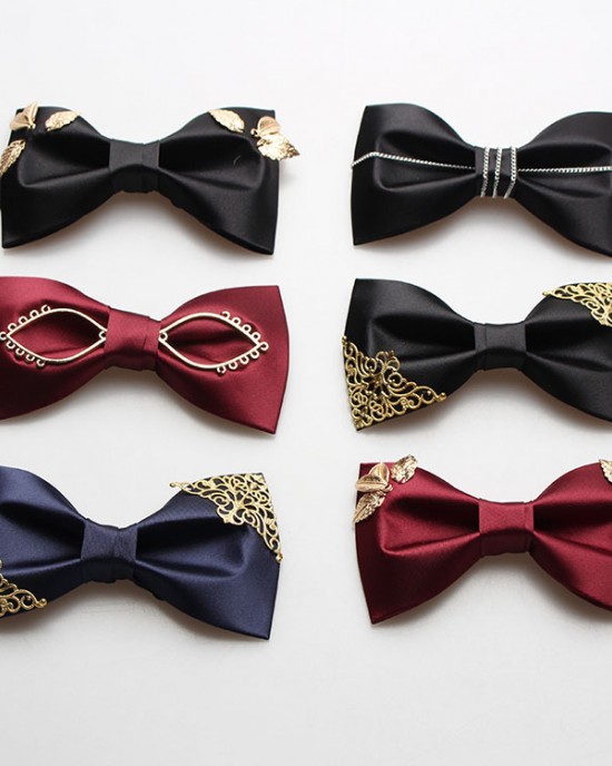 Men's formal suit, British-Korean style crew-cut bow tie, groom wedding, red, black, navy blue, metal bow tie