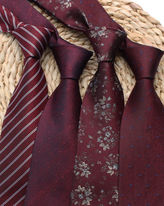 Wine-red vintage men's groom and groomsmen wedding ties, yarn-dyed polyester business ties, wholesale.