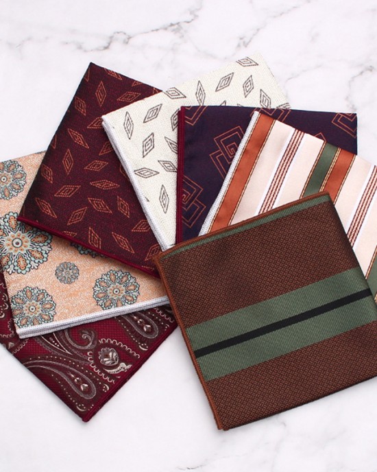 Leier's business suit pocket squares, patterned wedding handkerchiefs, small party squares, and suit accessories.