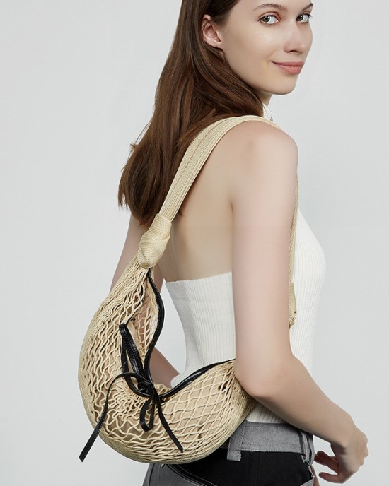 New runway woven women's bag, stylish and versatile, contrasting color, fishing net and horn net bag