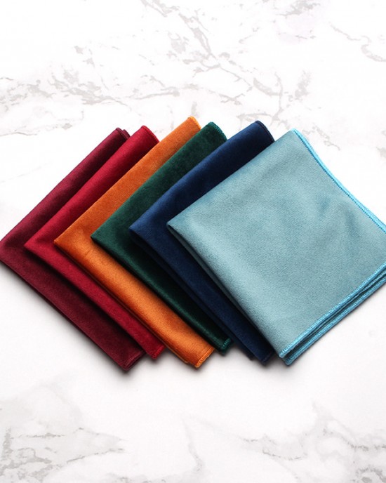 Velvet pocket squares, fashionable men's dress accessories, wedding party handkerchiefs, ready for wholesale from Shengzhou manufacturers.