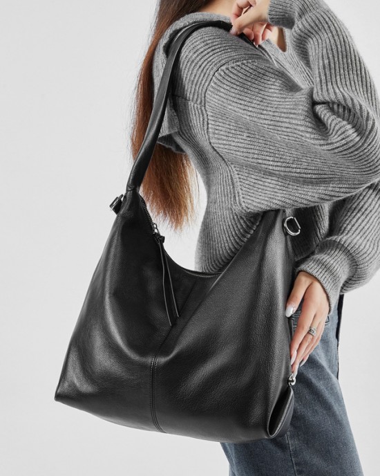 Genuine leather large-capacity stylish new Korean-style trendy solid color casual commuter shoulder tote bag