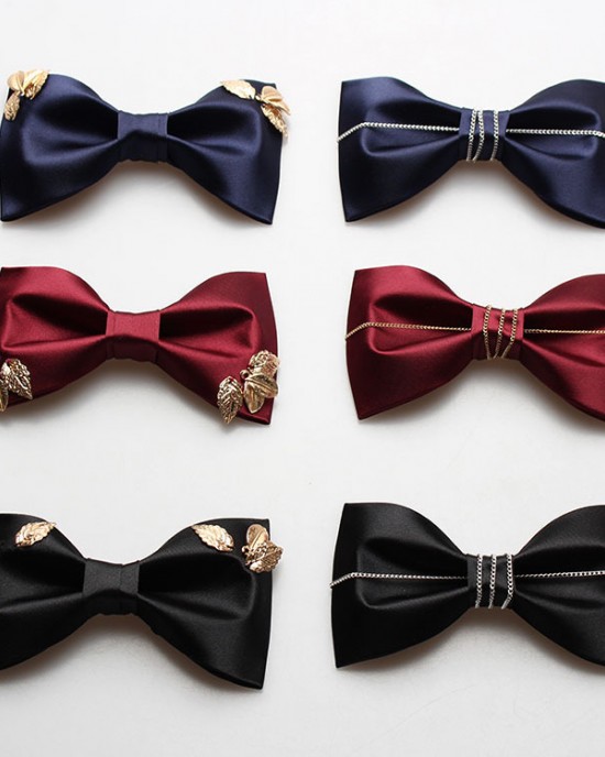 Men's formal suit, British-Korean style crew-cut bow tie, groom wedding, red, black, navy blue, metal bow tie