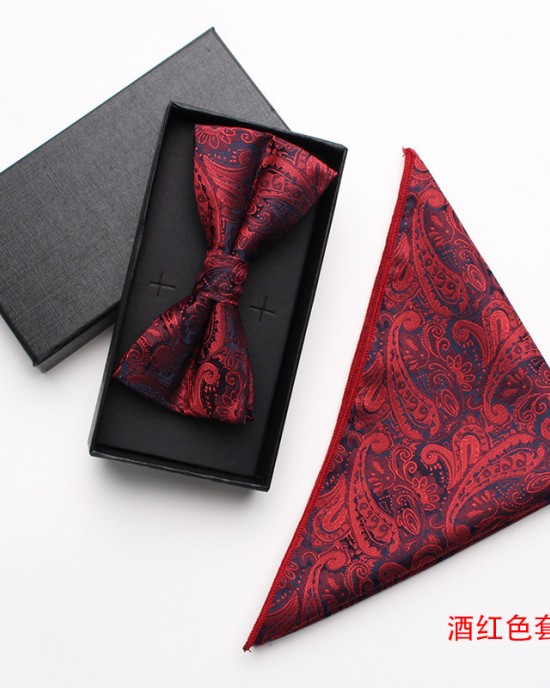 Burgundy paisley cashew pattern square bow tie gift set, two-piece men's business and fashionable wedding bow tie set.