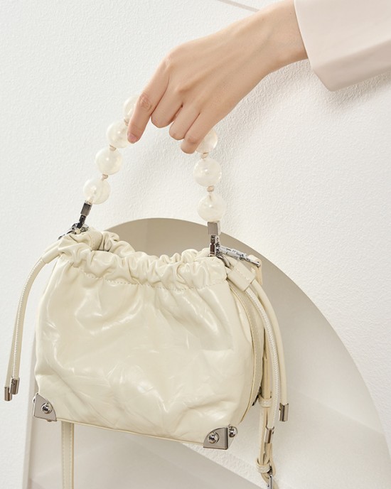 2025 new Chinese-style beaded bags, top-grain cowhide hand-scratched pattern pleated lucky bag handbags, shoulder and crossbody handbags