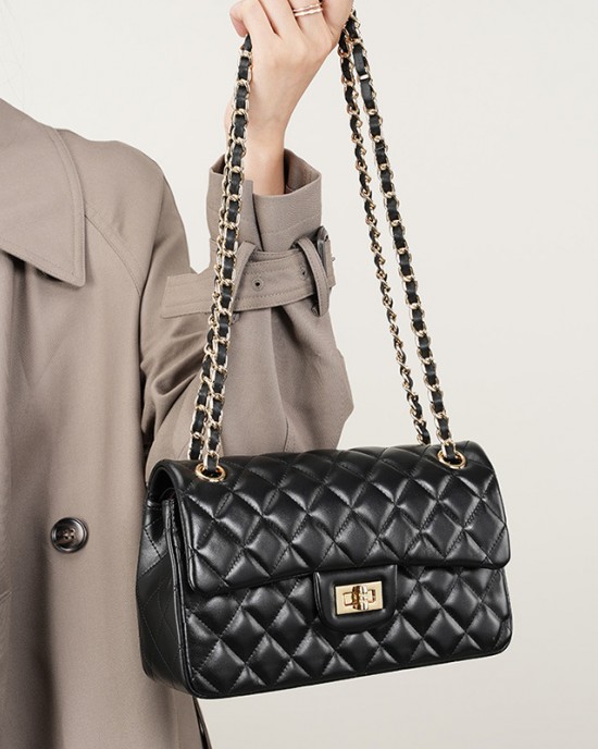 Top-grain cowhide bag, cowhide chain, Chanel-style fashionable diamond-patterned shoulder bag, small square genuine leather bag