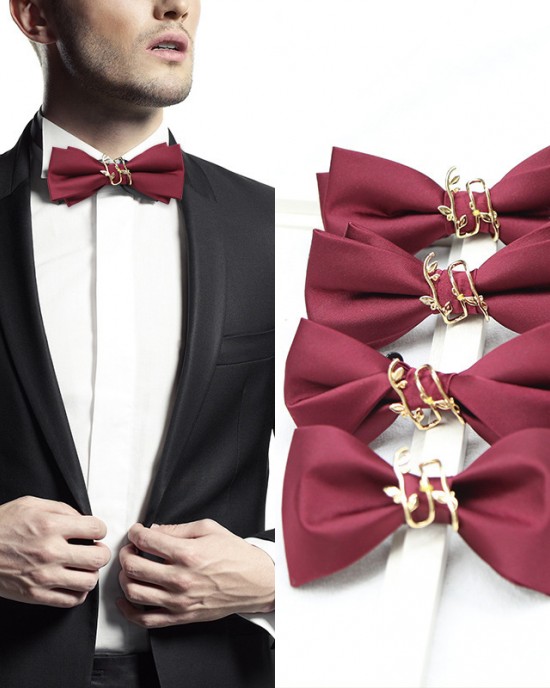 Formal men's groom wedding bow ties, groomsmen wedding tuxedos, and British-style bow ties are available in black, burgundy, and blue.
