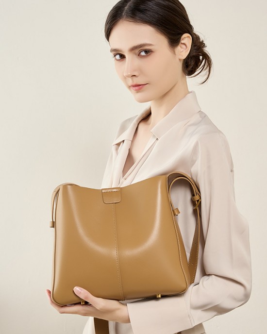 Genuine leather women's bag, 2025 new spring bucket bag, soft leather shoulder crossbody tote, large capacity commuter handbag