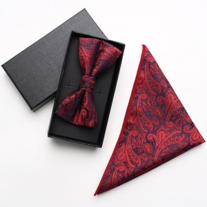 Burgundy paisley cashew pattern square bow tie gift set, two-piece men's business and fashionable wedding bow tie set.