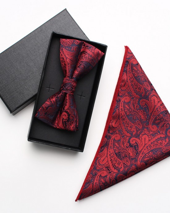 Burgundy paisley cashew pattern square bow tie gift set, two-piece men's business and fashionable wedding bow tie set.