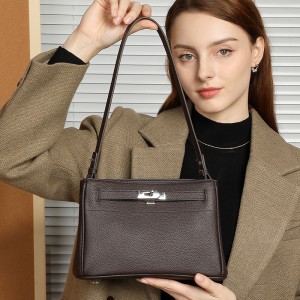 Genuine leather women's bag, top-grain cowhide lock buckle, fashionable, simple, commuter, underarm Small square crossbody bag, Kelly bag